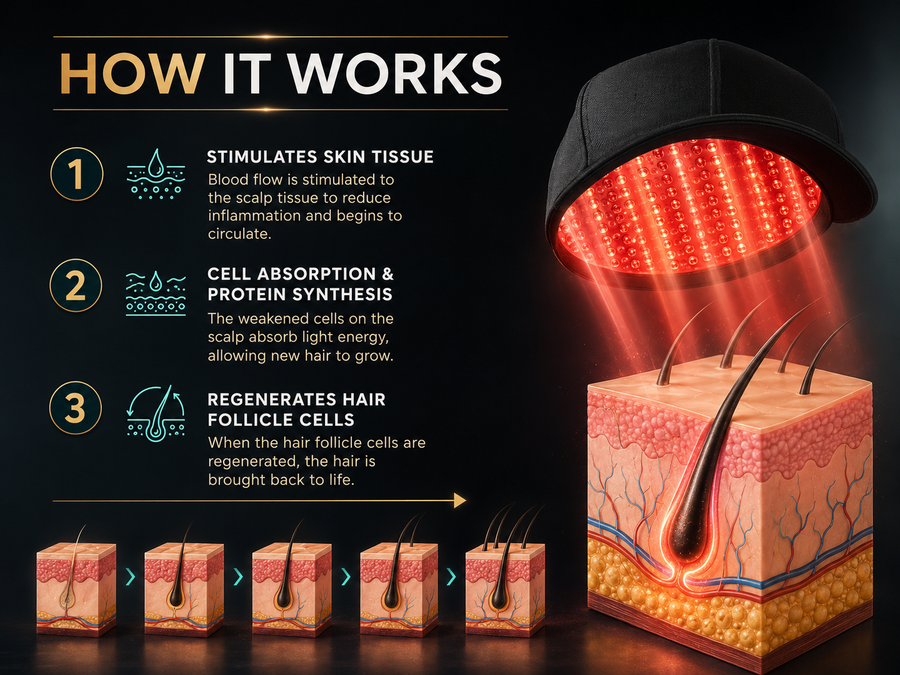 Light energy to the scalp. Three steps.