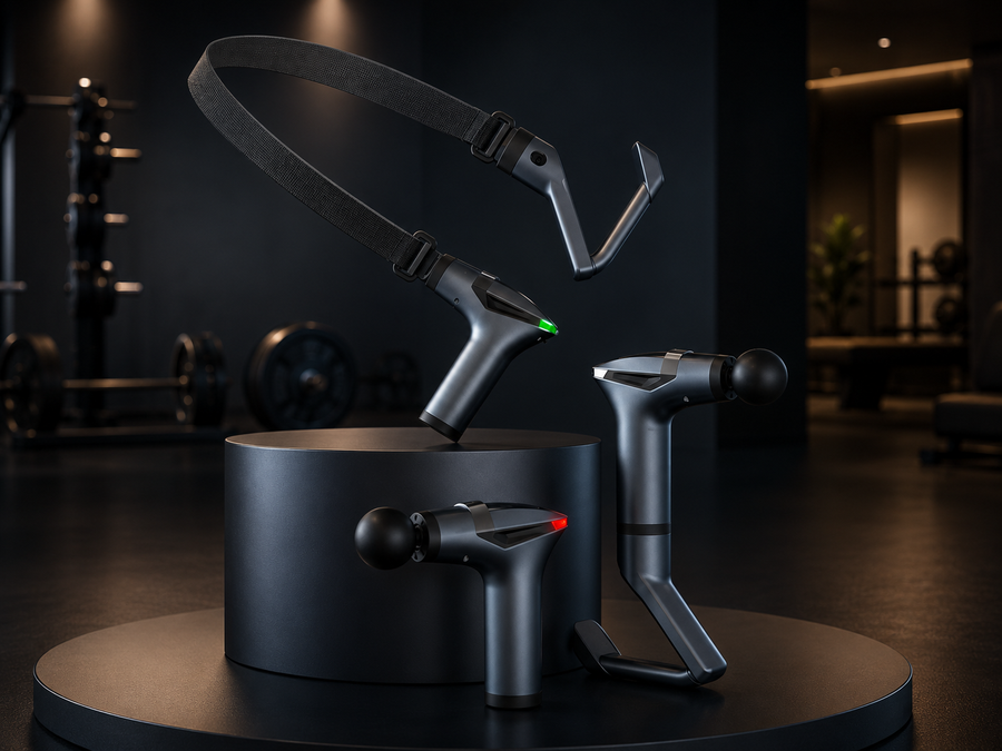 Massage gun. Stretch belt. Extension arm.